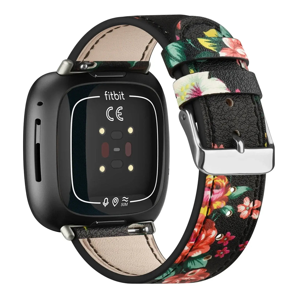 Fitbit Versa 3/4 & Sense 1/2 Leather Buckle Band - Black / Red Floral