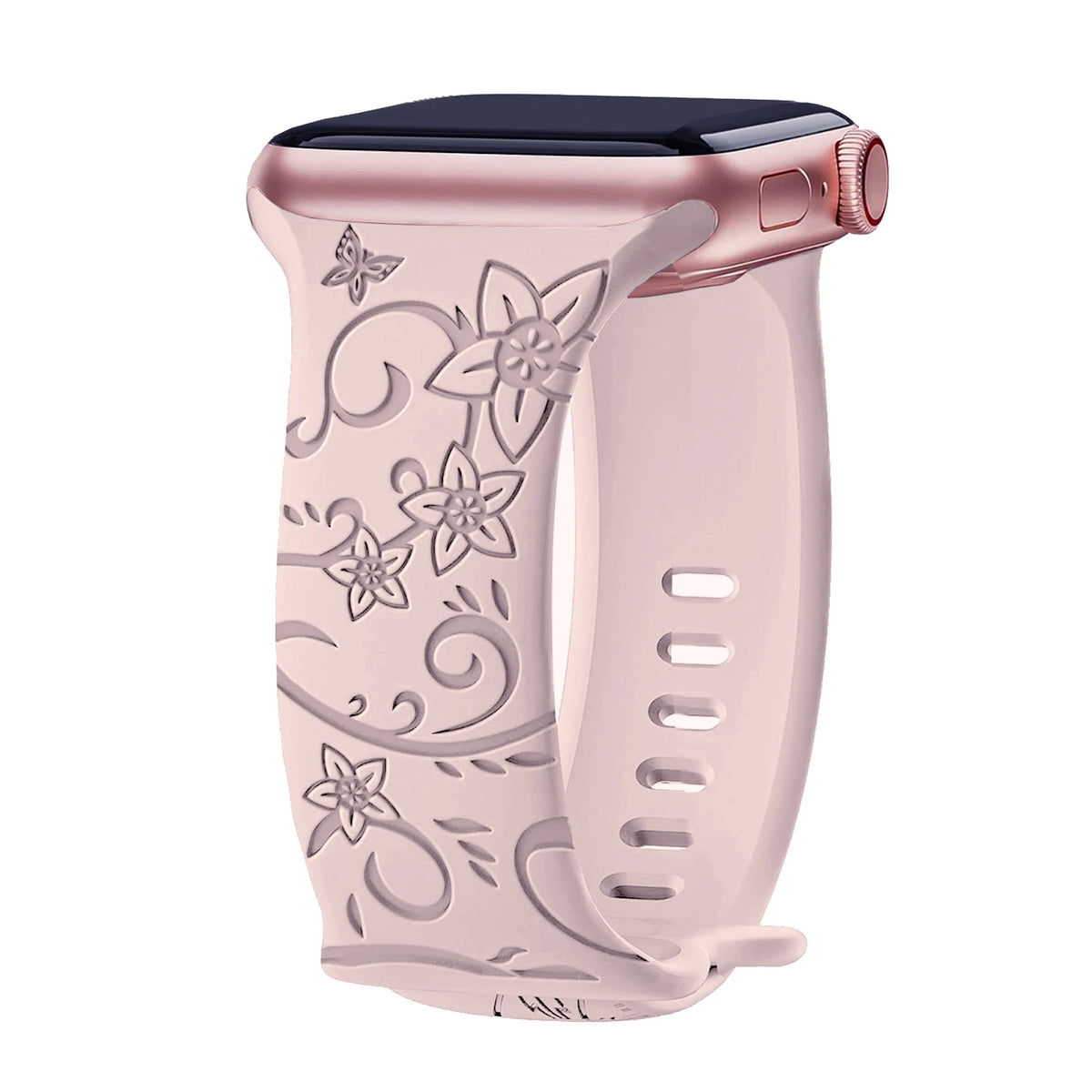 Engraved Botanical Silicone Apple Watch Band in Soft Pink / Floral Scroll