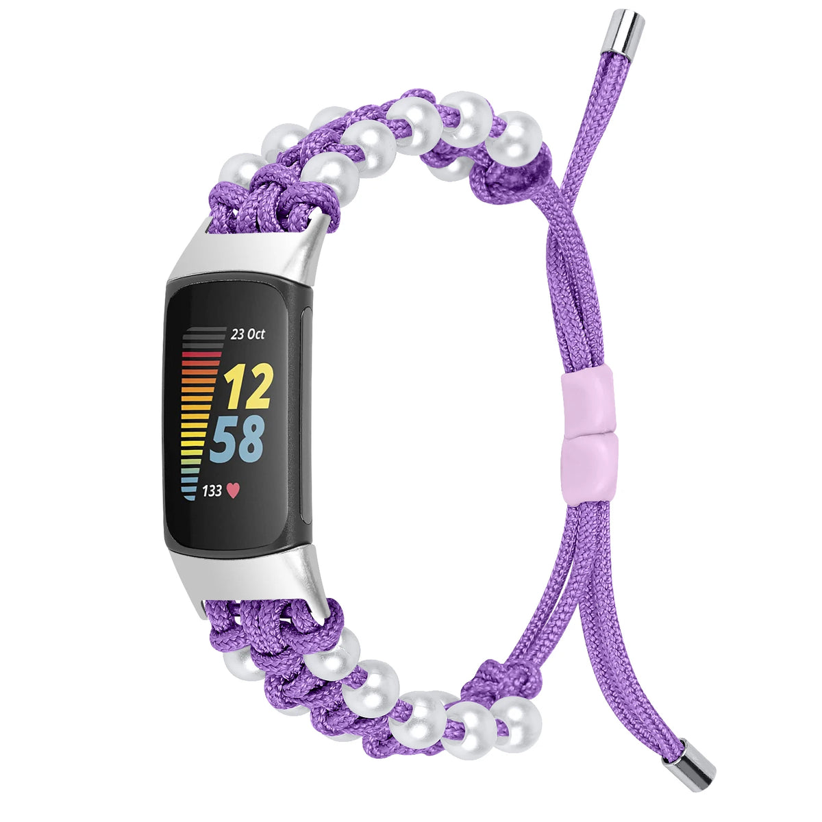 Purple Fitbit Charge 6, 5, 4, 3 and 2 Braided Rope Band with Pearl-Style Beads