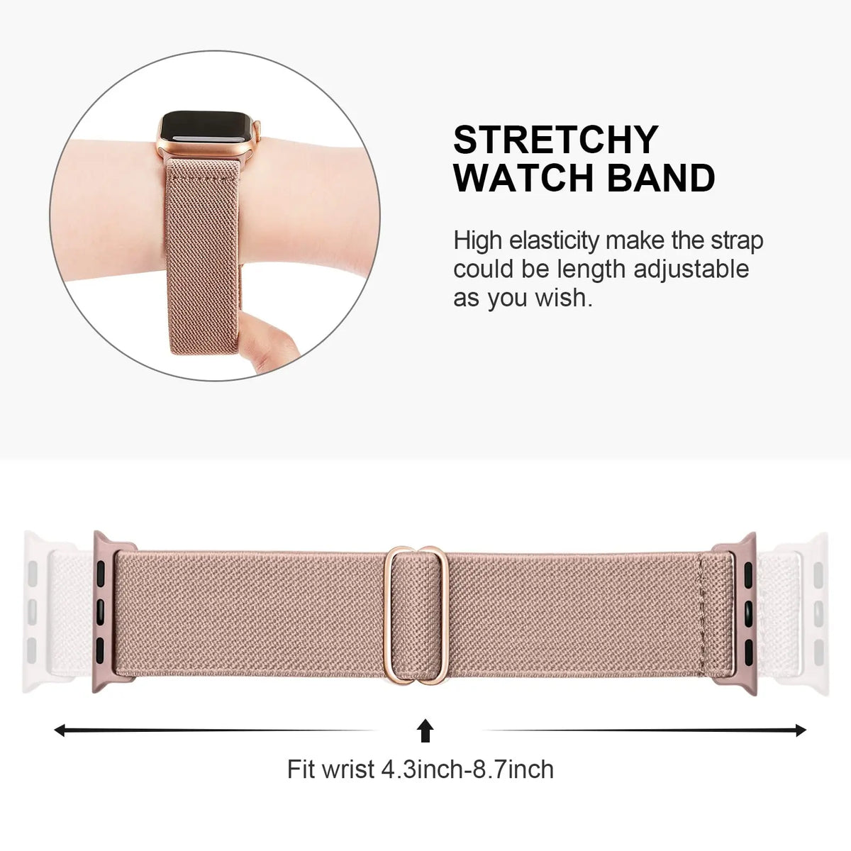 Sliding adjuster and wrist sizing diagram for Apple Watch