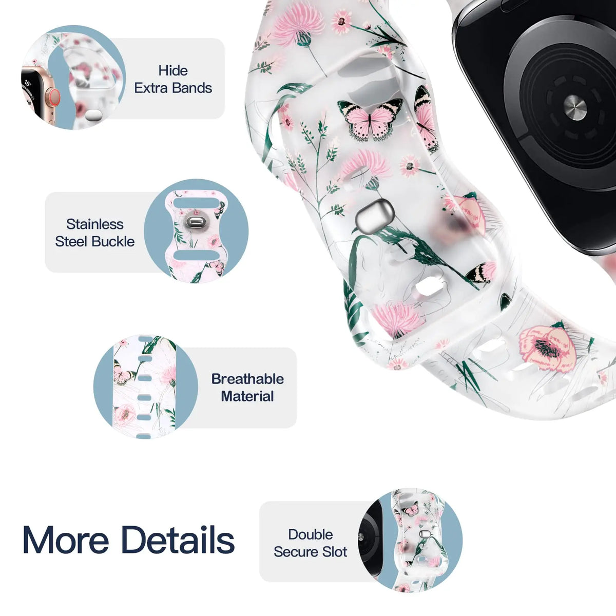 Close-ups of printed strap and pin-and-tuck fastening for Apple Watch