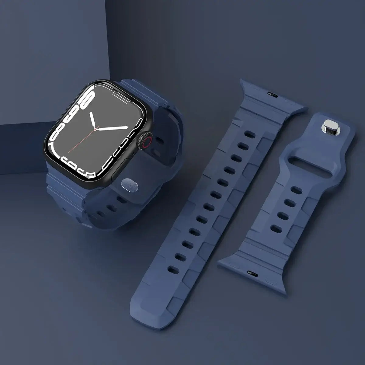 Navy Blue ribbed silicone Apple Watch band with pin fastening.
