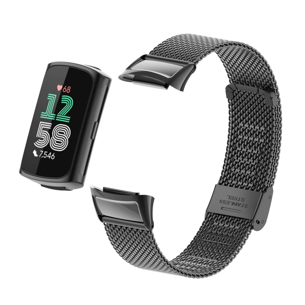 Black Fitbit Charge 5 and 6 Stainless Steel Mesh Band with Clasp