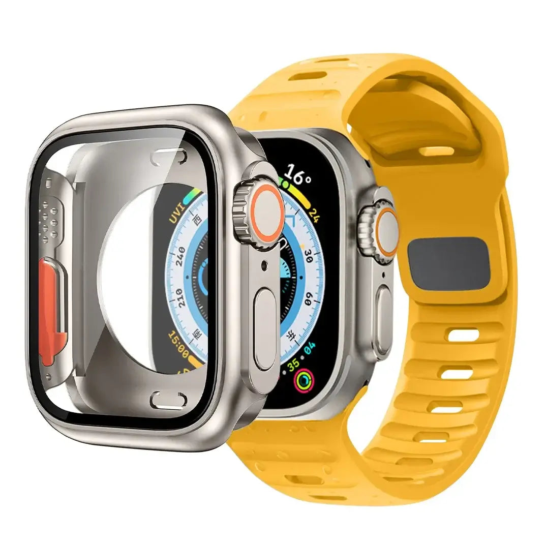 Yellow slotted silicone Apple Watch band with coordinating case