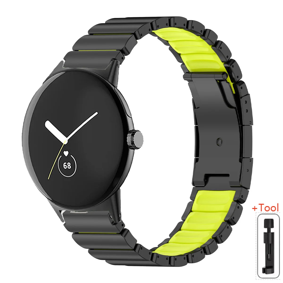 Black / Green Google Pixel Watch 5, 4 and 3 45mm Titanium and Silicone Link Band