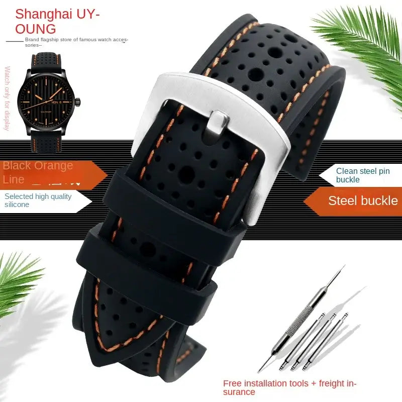TicWatch Perforated Silicone Band with Stitching - Black / Orange Stitching / Silver Buckle