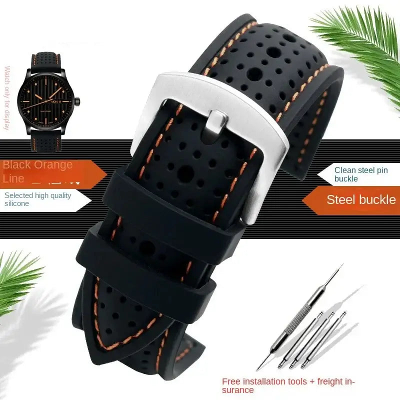 Perforated Silicone Band with Stitching in Black / Orange Stitching / Silver Buckle for compatible Huawei watches