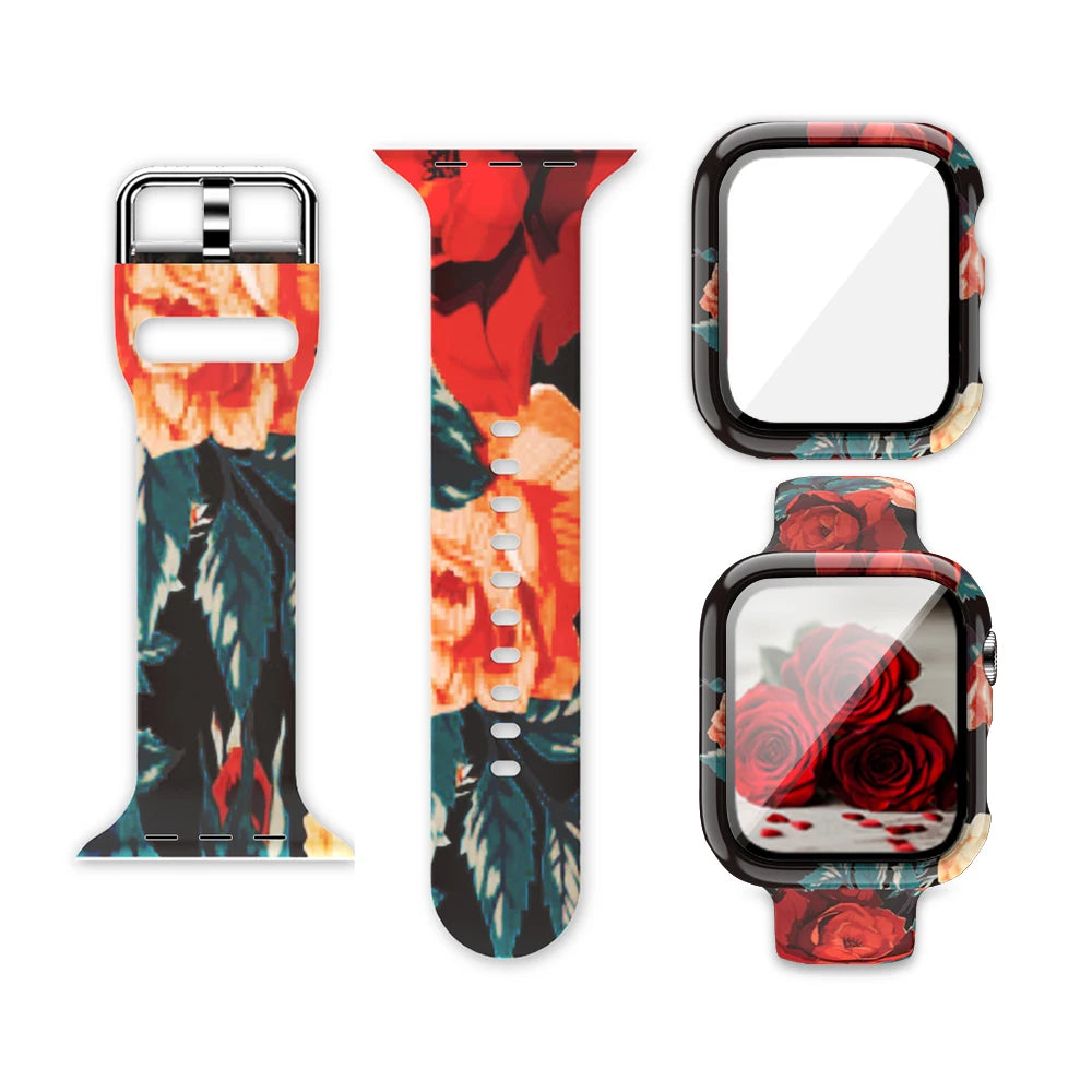 Printed Silicone Apple Watch Band - Floral & Animal Patterns in Red Roses on Black