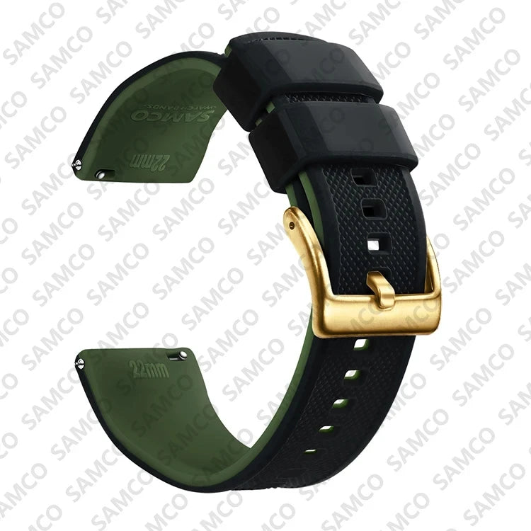 OnePlus Watch Band Quick Release Silicone Strap Sweat Resistant Black with gold buckle.