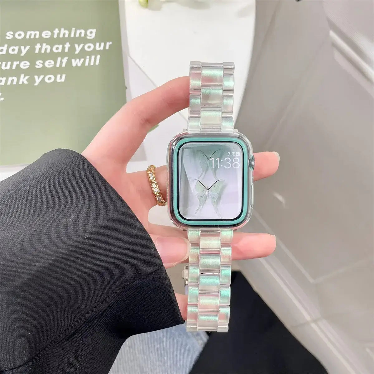 Iridescent pink resin Apple Watch band lifestyle view