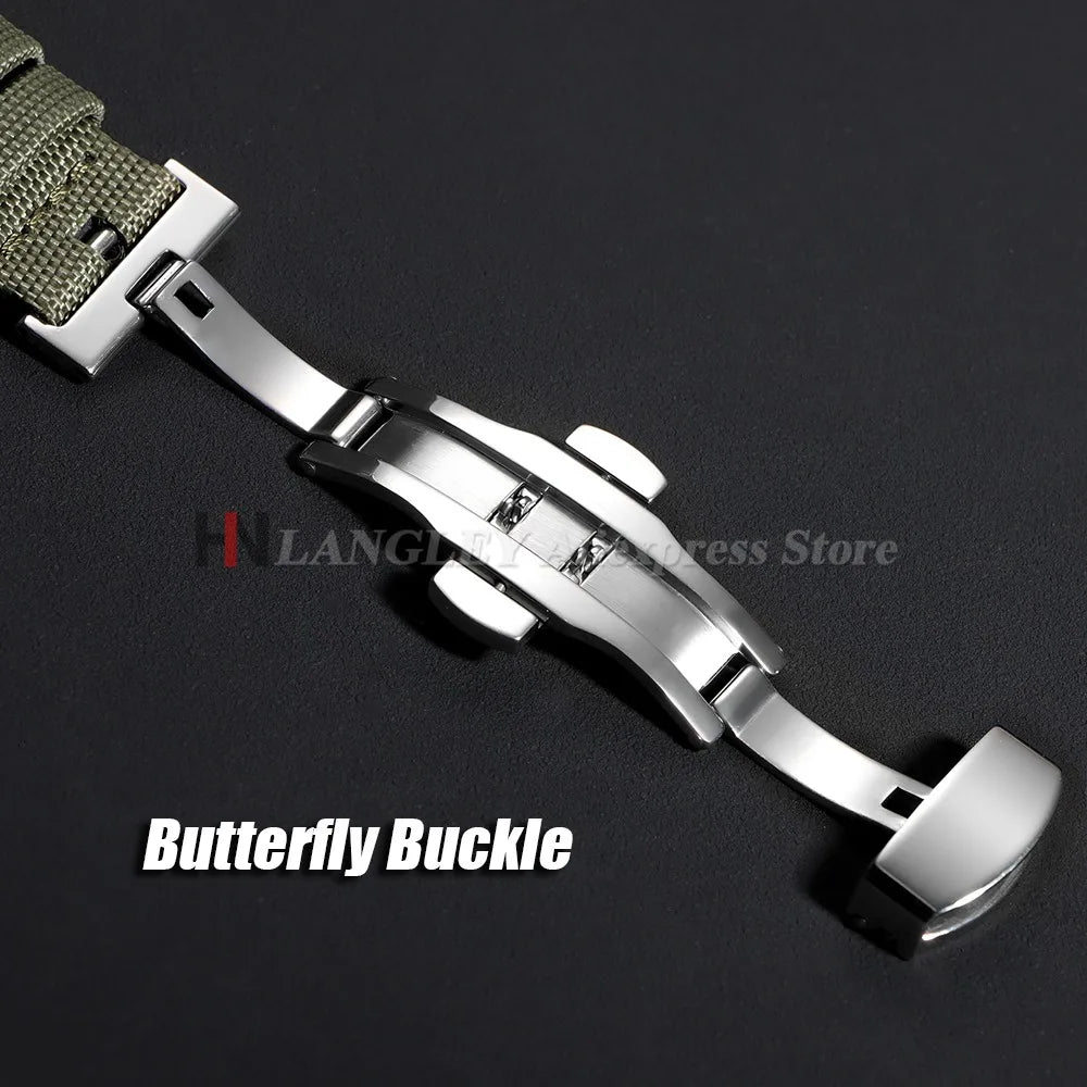 OnePlus Smartwatch Bands Quick Release Sailcloth Nylon Watch Straps with butterfly buckle detail.