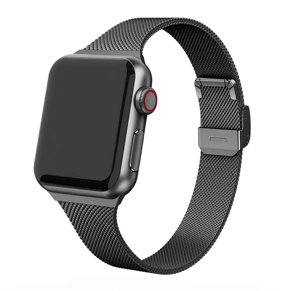 Black mesh band with clasp fastened for Apple Watch