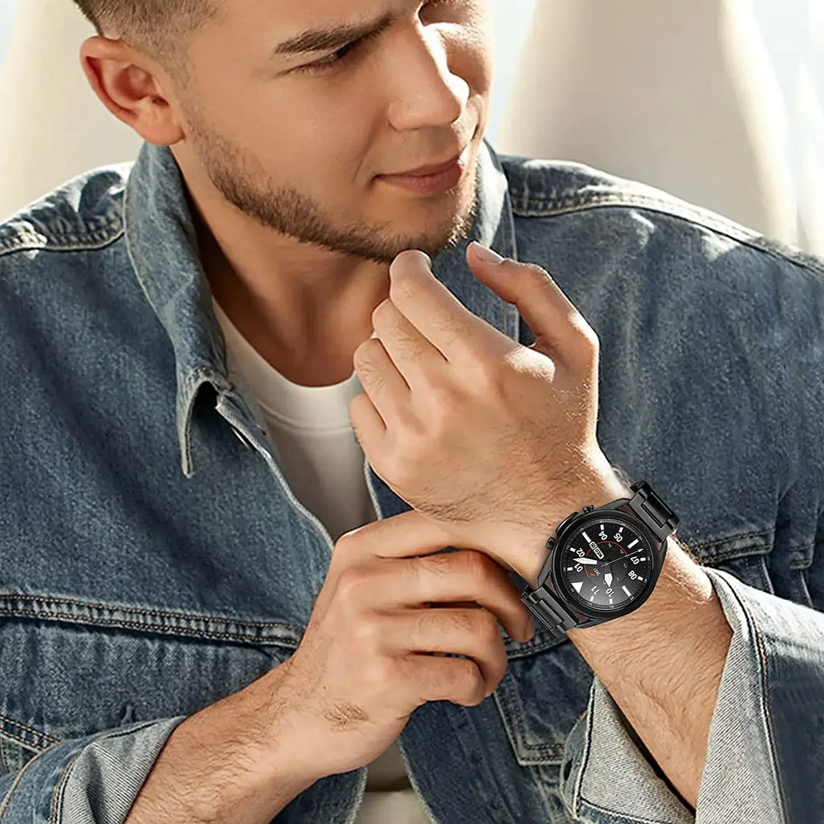 Garmin Titanium Link Bracelet worn on a wrist