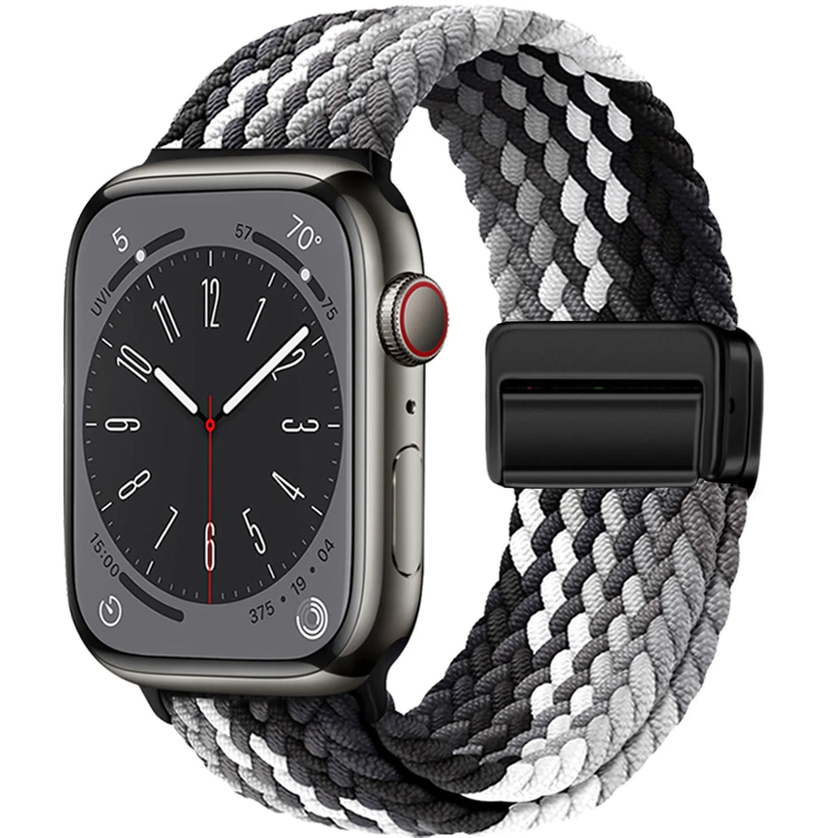 Braided Nylon Apple Watch Band with Magnetic Clasp in Black / White Stripe