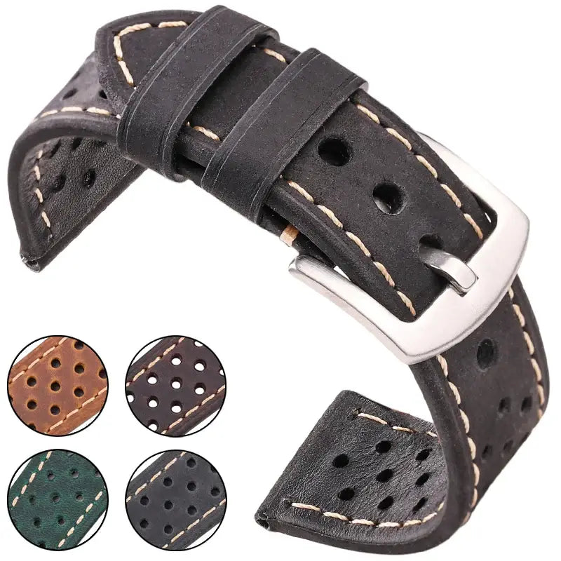 Suunto Perforated Leather Rally Band - Black leather with color previews