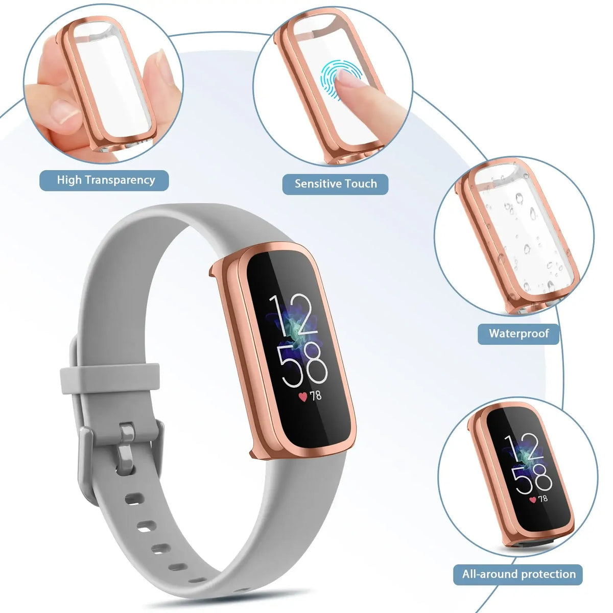 Case and screen protector for Fitbit Luxe, showcasing high transparency, sensitive touch, and waterproof design.