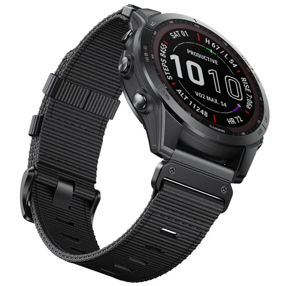 Garmin QuickFit Tactical Nylon Band black buckle strap shown on a watch