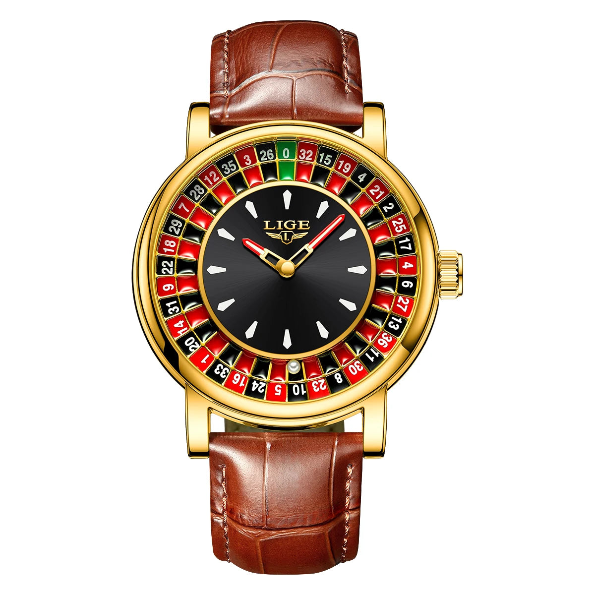 Women's Roulette Dial Leather Watch — Brown Strap / Gold Tone — BandsCo Straps