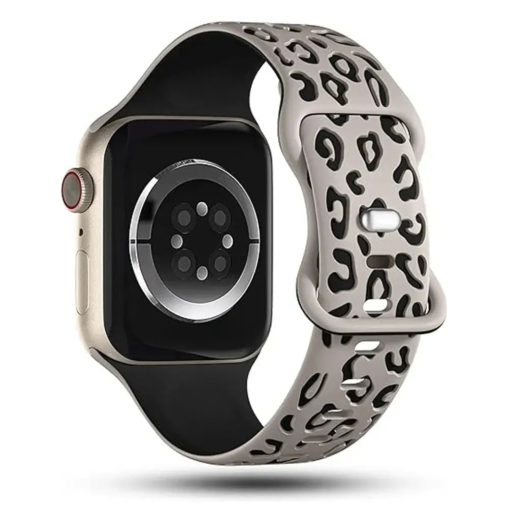 Ivory and black leopard Apple Watch band showing watch underside