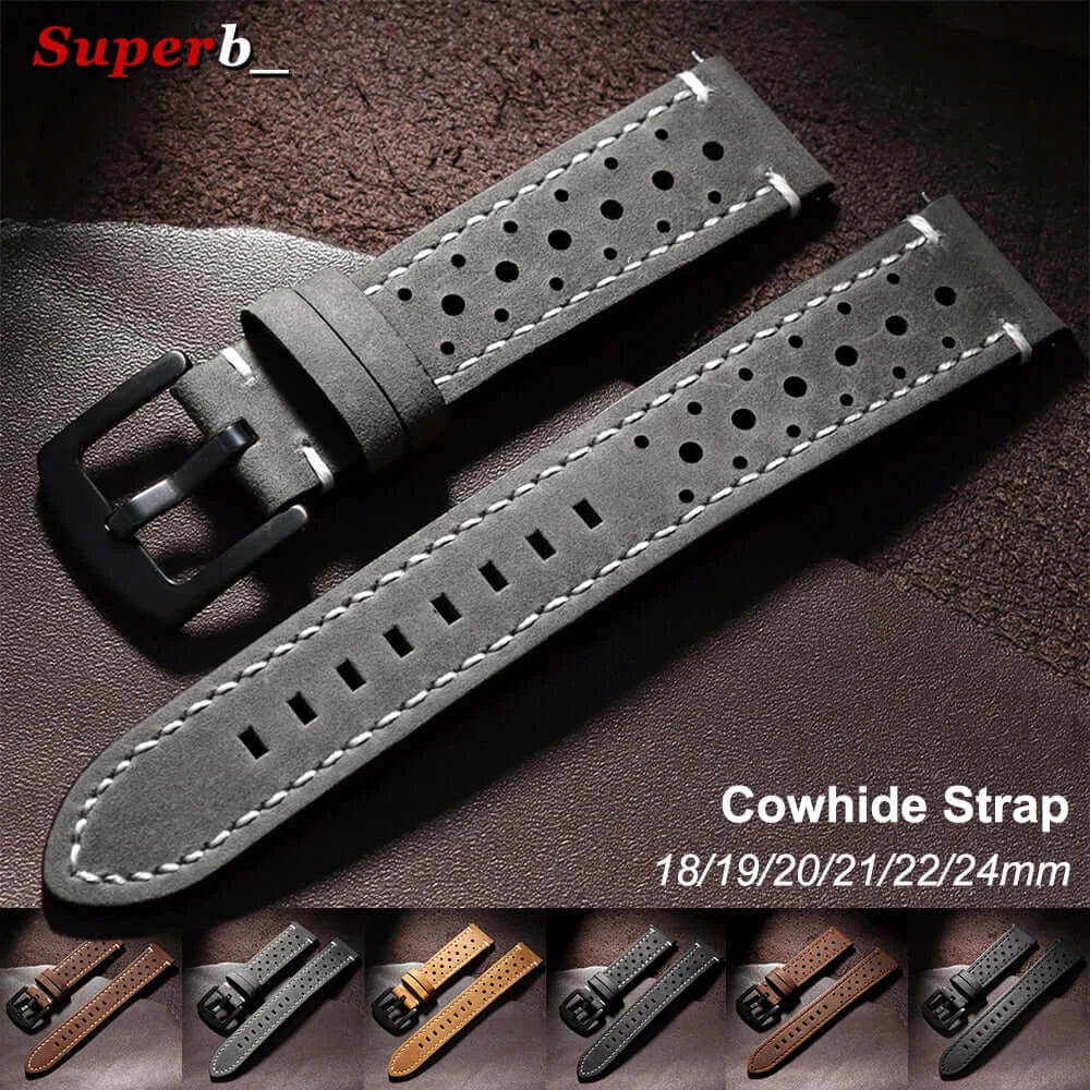 Gray perforated leather band with white stitching — BandsCo Straps