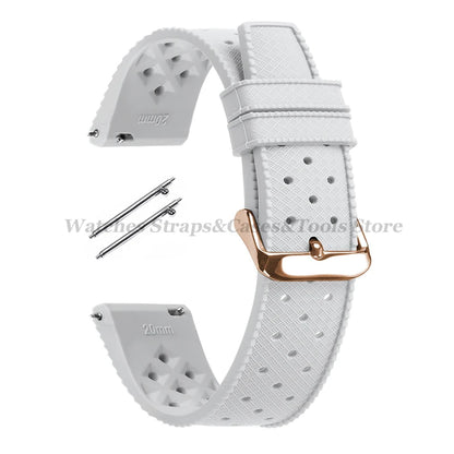 Garmin 18/20/22mm Quick Release Tropic-Style Silicone Band in White with Rose Gold Buckle