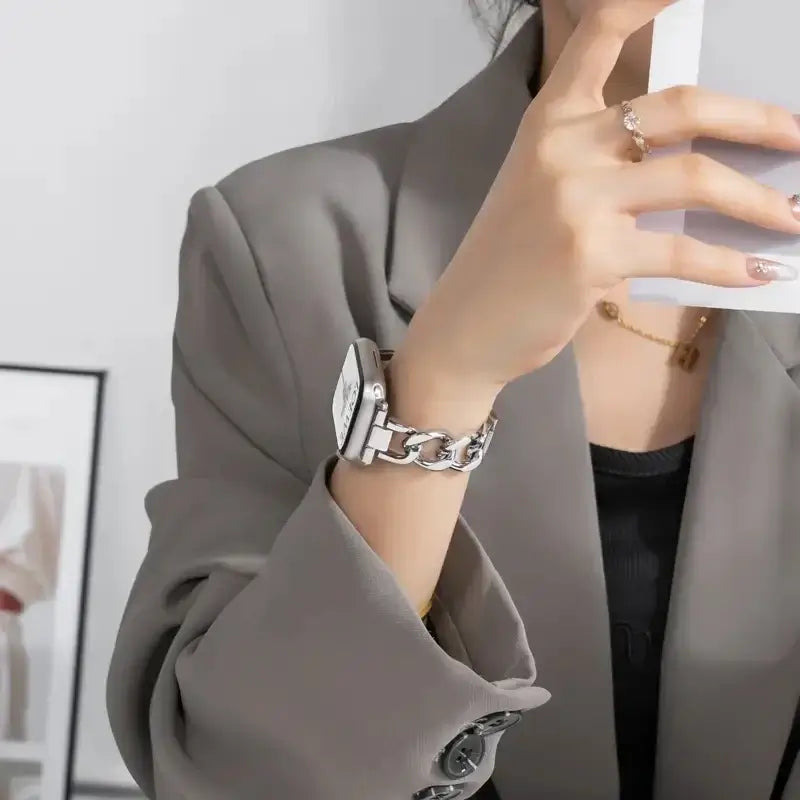 Silver Apple Watch chain bracelet lifestyle view