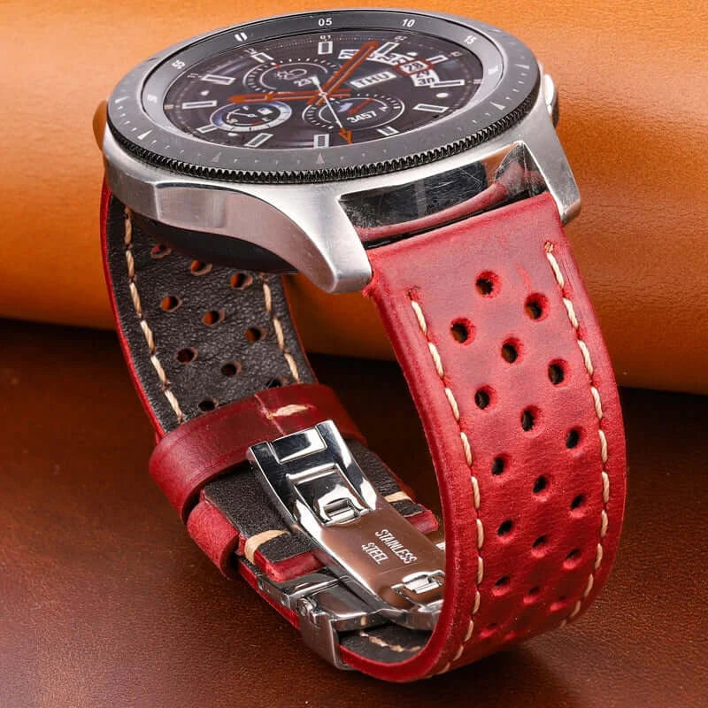 TicWatch Perforated Leather Folding-Clasp Band - Red leather strap on watch