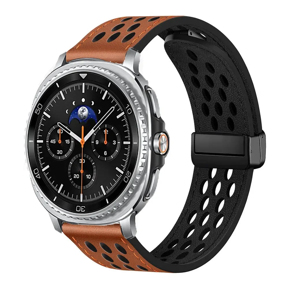Samsung Galaxy Perforated Sport Watch Band - Magnetic 8/9/Ultra/Ultra2 in brown with silver connector and perforated design.