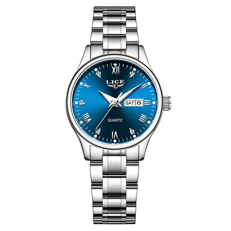 Women's 29mm Day-Date Quartz Bracelet Watch — Silver Tone / Blue Dial