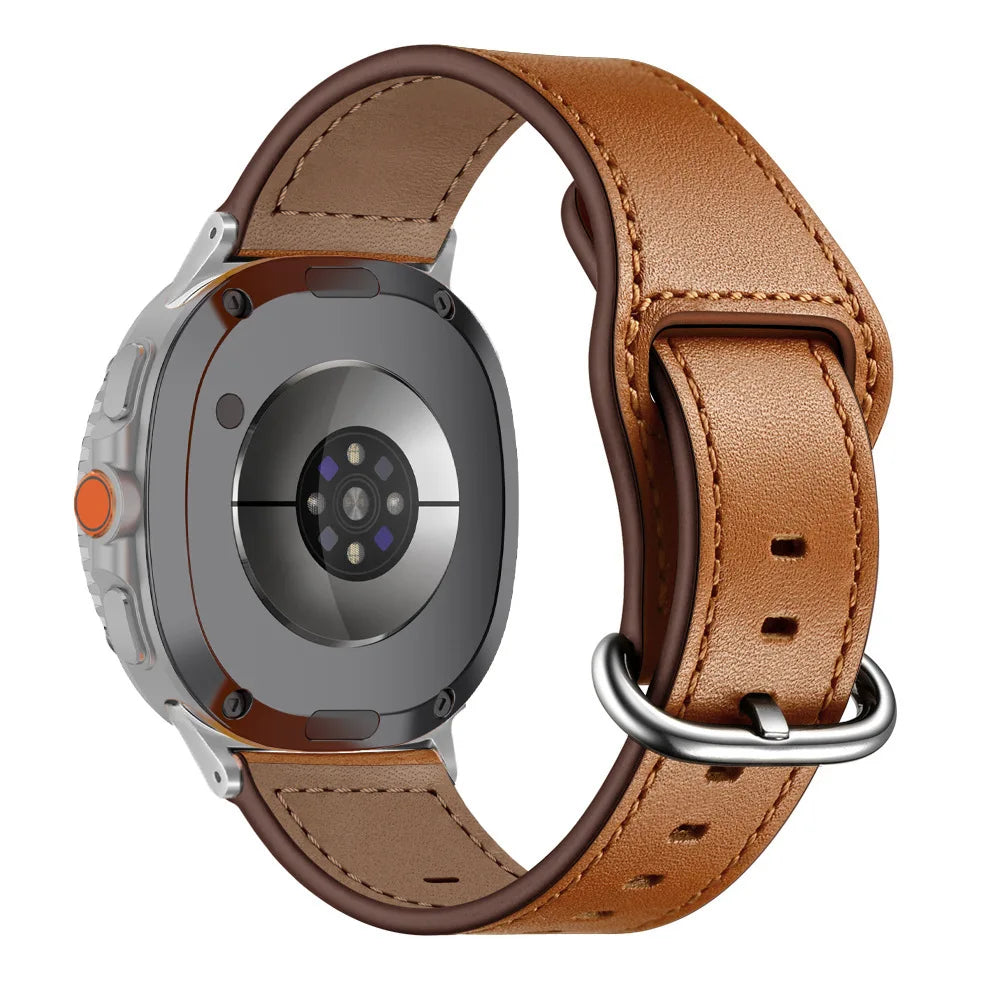 Samsung Galaxy Genuine Leather Watch Band Replacement Watch8/Watch8 Classic/Watch9 in brown leather, showcasing detailed stitching and polished buckle.