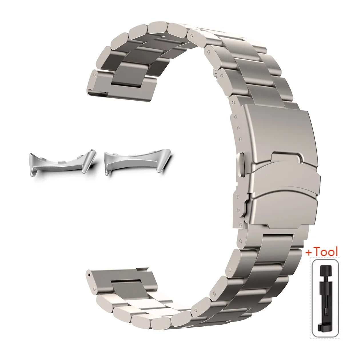 Titanium / Silver Google Pixel Watch 5, 4 and 3 45mm Titanium Link Band, Safety Clasp