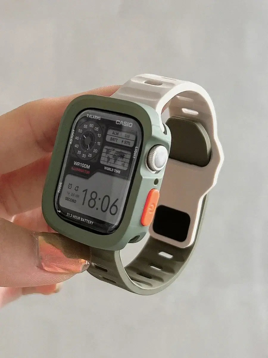 Olive Green / Ivory Apple Watch silicone band and bumper case; case color listed first for two-color combinations.