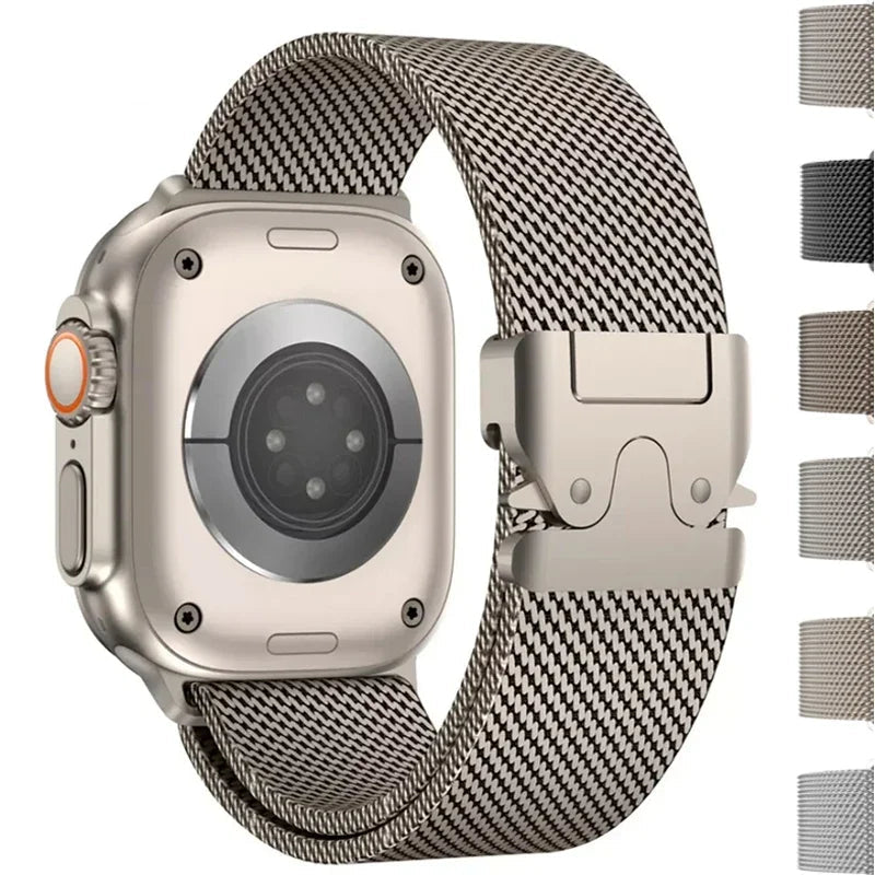 Metal mesh band and clasp with finish swatches for Apple Watch