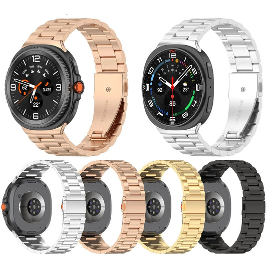 Samsung Galaxy Stainless Steel Link Watch Band - Watch8/Watch8 Classic/Watch9/Ultra/Ultra2 options in Silver, Rose Gold, Gold, and Black.