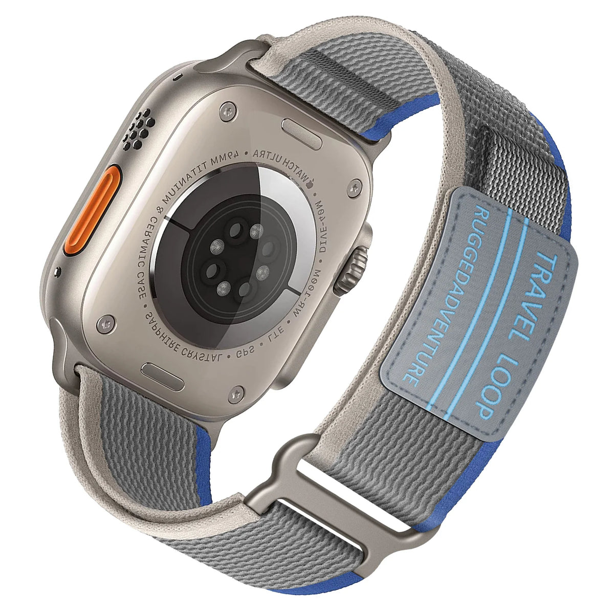 Nylon Trail-Style Apple Watch Loop with Decorative Patch in Gray / Blue - Text
