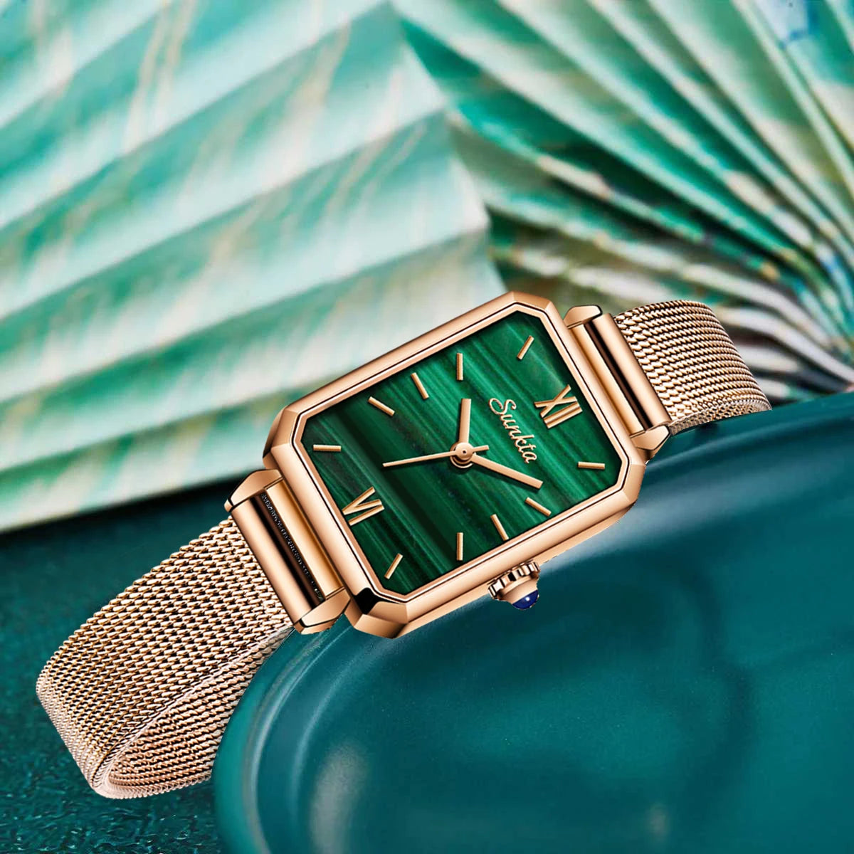 Women's Rectangular Quartz Watch with Mesh Band — Rectangular case and mesh band detail