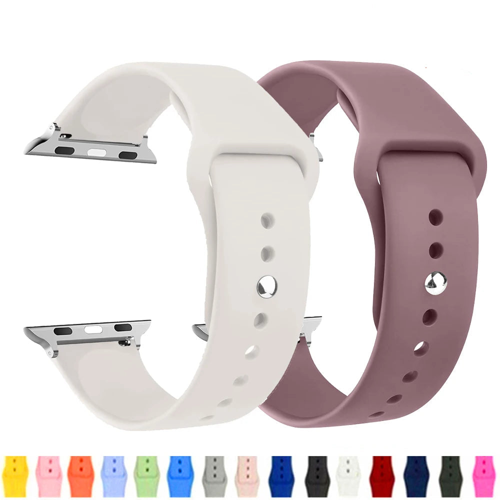 Ivory and mauve silicone Apple Watch bands with color previews