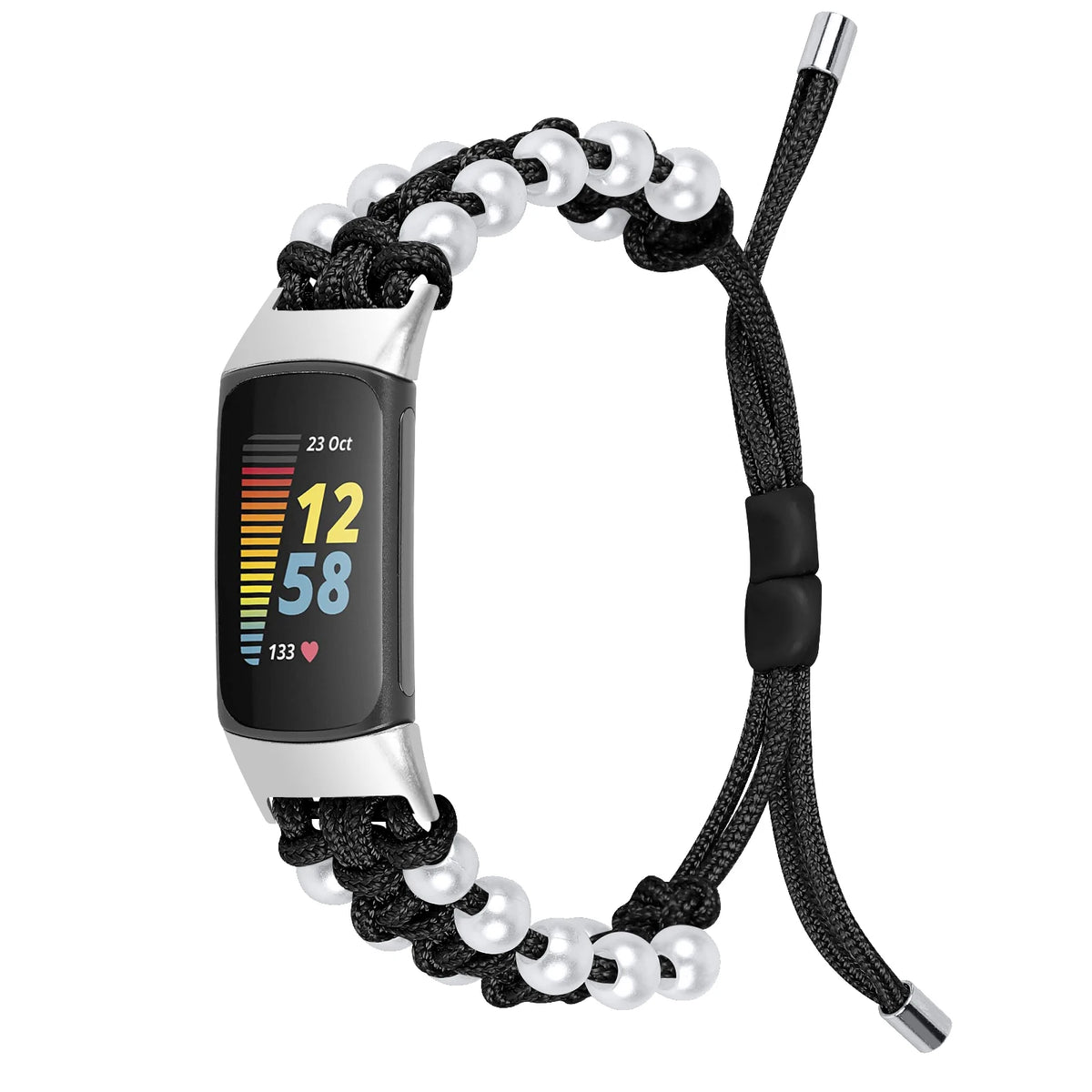 Black Fitbit Charge 6, 5, 4, 3 and 2 Braided Rope Band with Pearl-Style Beads