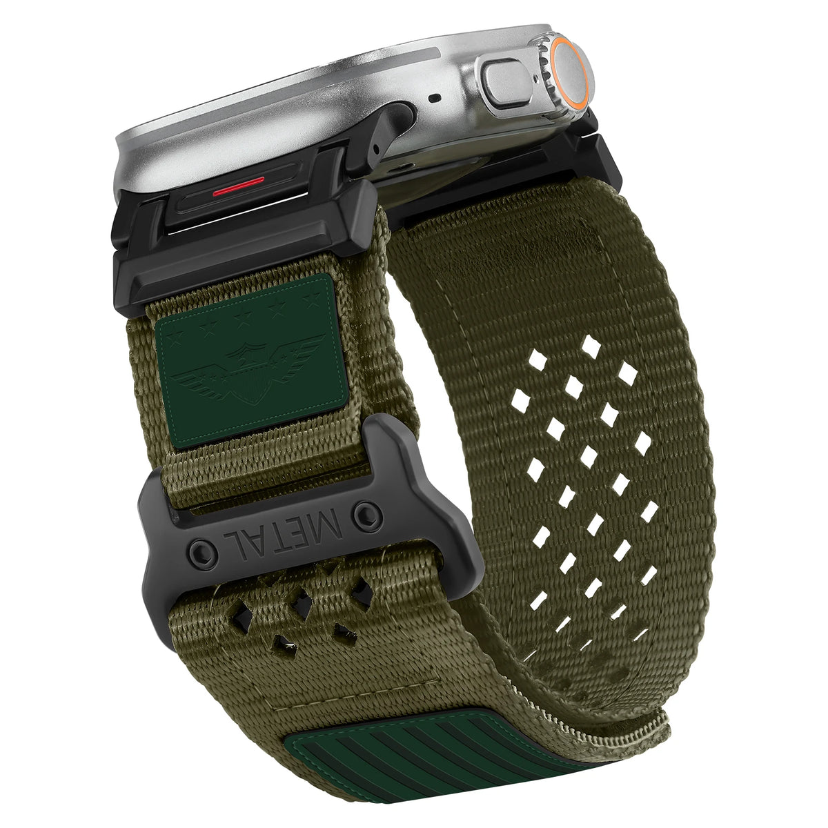 Perforated Nylon Apple Watch Sport Band with Decorative Patches in Olive - Green Embossed Patch