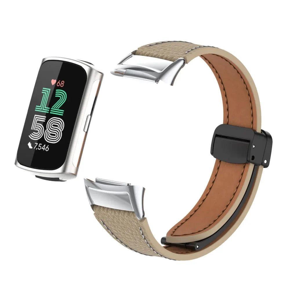 Khaki Fitbit Charge 5 and 6 Leather Band with Magnetic Folding Clasp