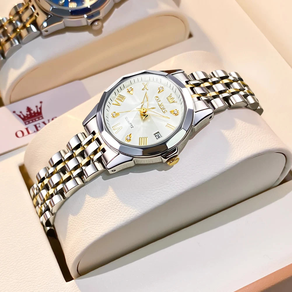 Women's Faceted Bezel Quartz Bracelet Watch — White dial bracelet watch in box — BandsCo Straps
