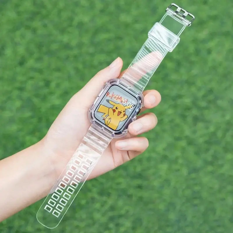 Clear Apple Watch band and fitted case held in hand