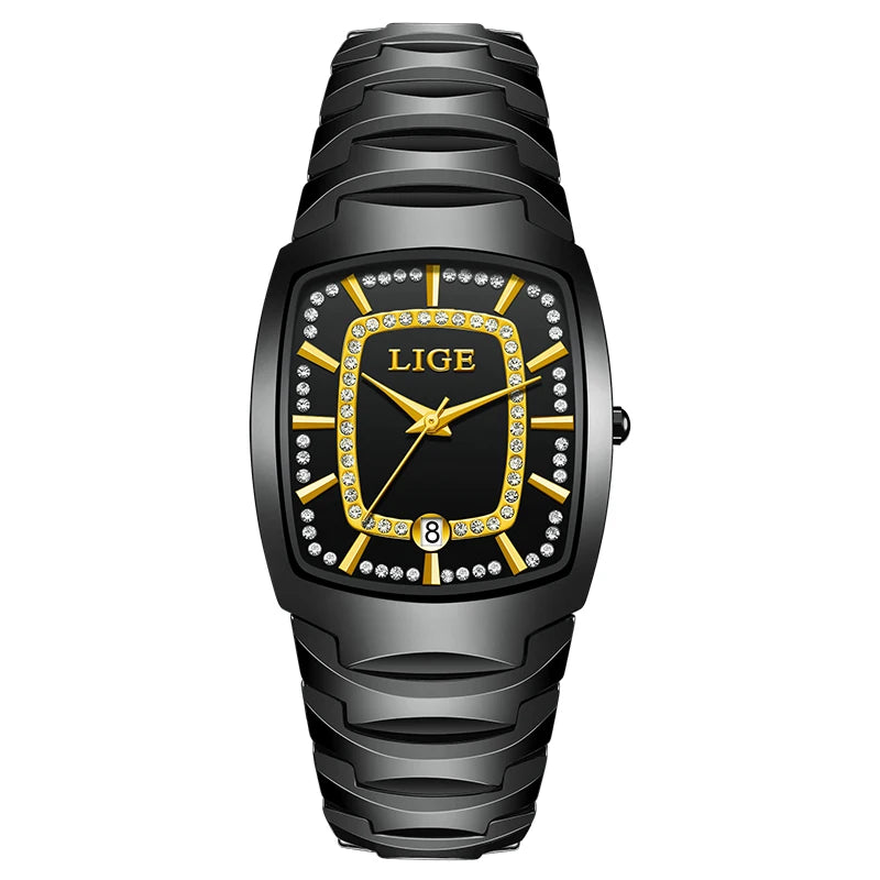 Women's Ceramic Tonneau Crystal Dial Watch — Black / Gold-Tone Accents