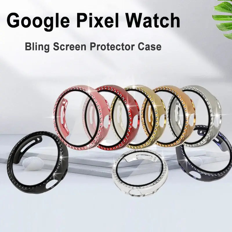 Bling screen protector cases for Google Pixel Watch in various colors, enhancing style and protection.