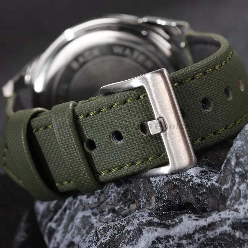Polar Canvas and Leather Watch Band with Pin Buckle — Pin buckle and keeper detail