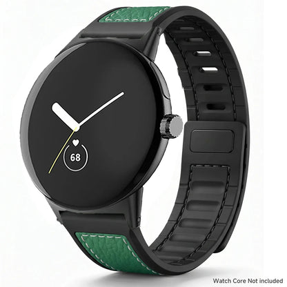Black / Green Google Pixel Watch 5, 4 and 3 45mm Litchi Leather Magnetic Band