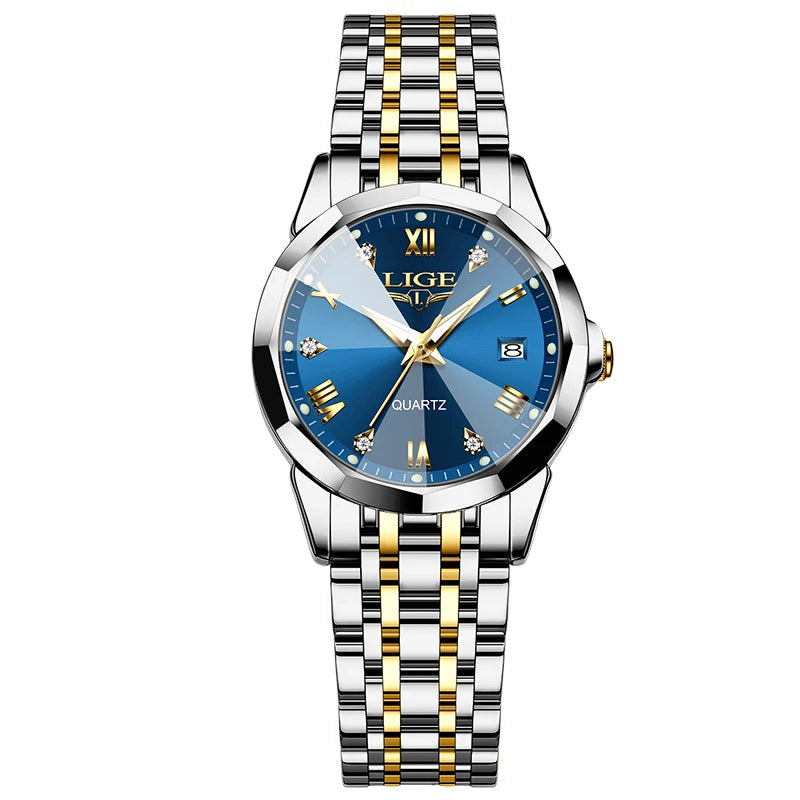 Women's 25mm Sunburst Dial Quartz Bracelet Watch — Silver & Gold Tone / Blue Dial
