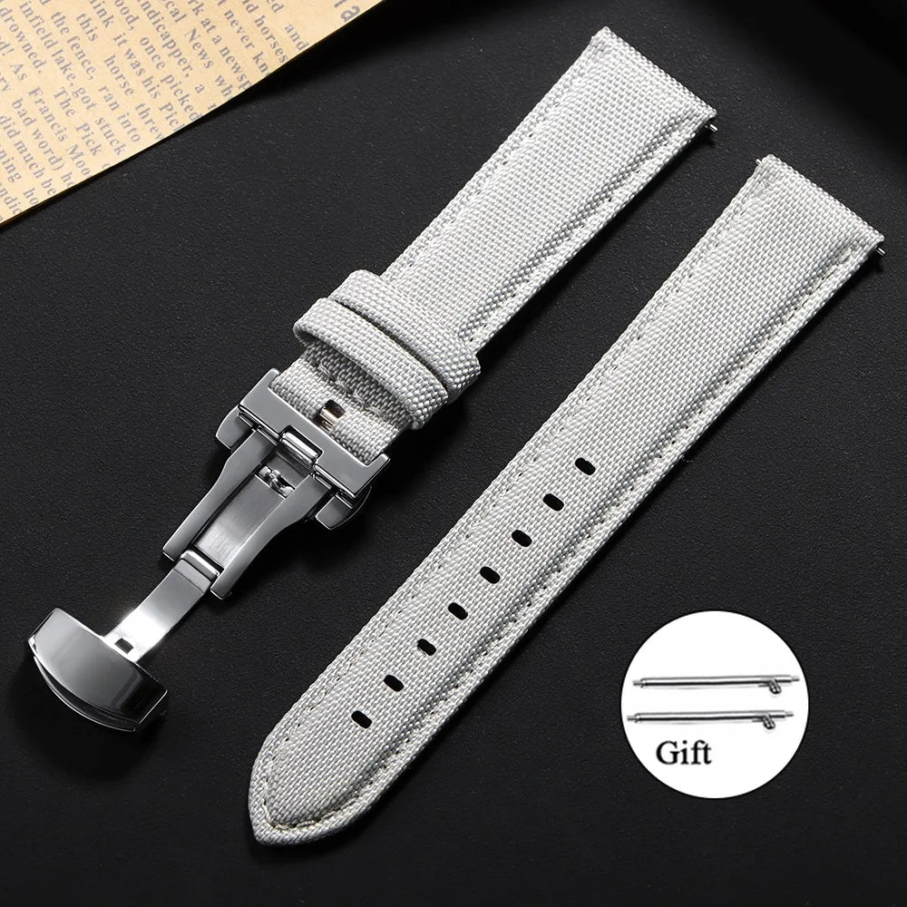 OnePlus Smartwatch Bands Quick Release Sailcloth Nylon Watch Straps in grey with silver buckle, perfect for everyday wear.
