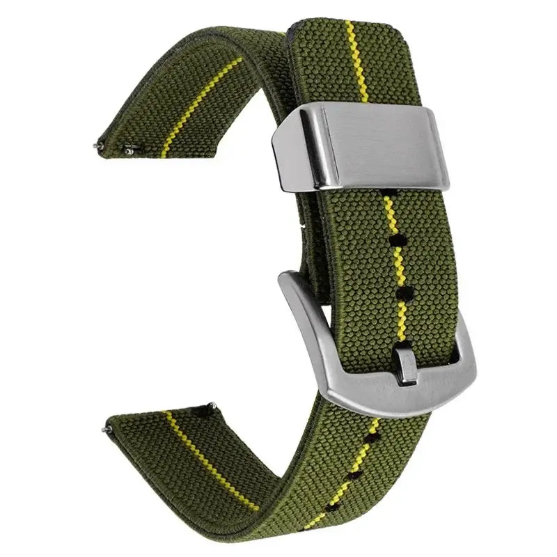 Nylon Band with Wide Metal Keeper in Army Green / Yellow Stripe for compatible Huawei watches