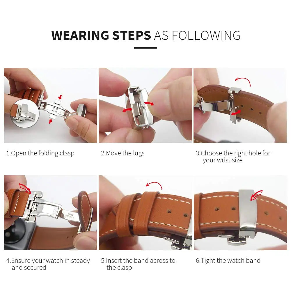 Illustrated folding-clasp fastening steps for Apple Watch
